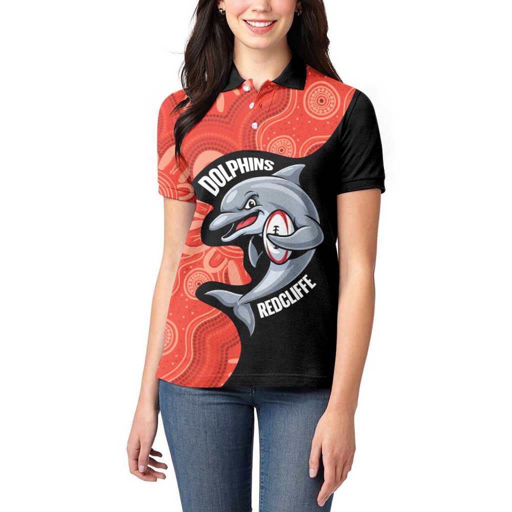 Redcliffe Rugby Custom Women Polo Shirt Go Dolphins Aboriginal Art - Aussie Hoodie