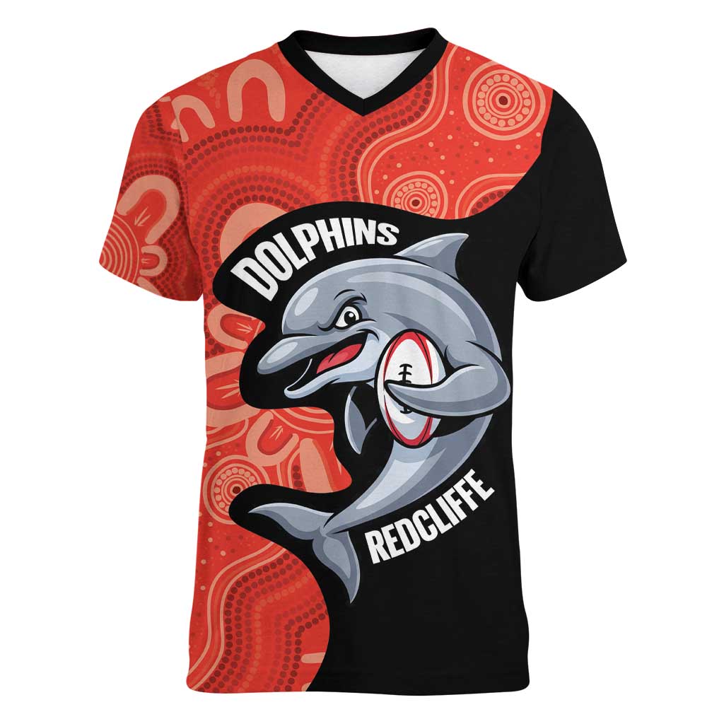 Redcliffe Rugby Custom Women V-Neck T-Shirt Go Dolphins Aboriginal Art - Aussie Hoodie