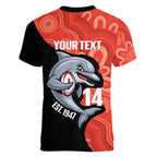 Redcliffe Rugby Custom Women V-Neck T-Shirt Go Dolphins Aboriginal Art - Aussie Hoodie