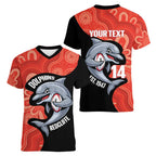 Redcliffe Rugby Custom Women V-Neck T-Shirt Go Dolphins Aboriginal Art - Aussie Hoodie