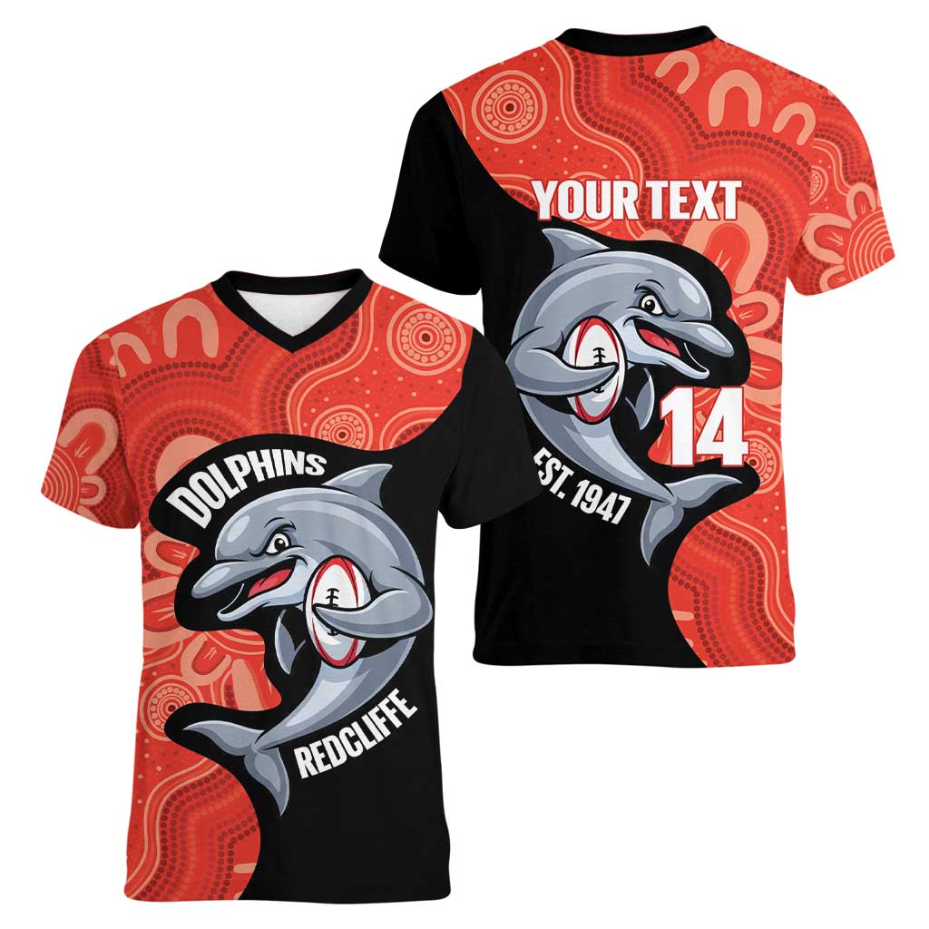 Redcliffe Rugby Custom Women V-Neck T-Shirt Go Dolphins Aboriginal Art - Aussie Hoodie