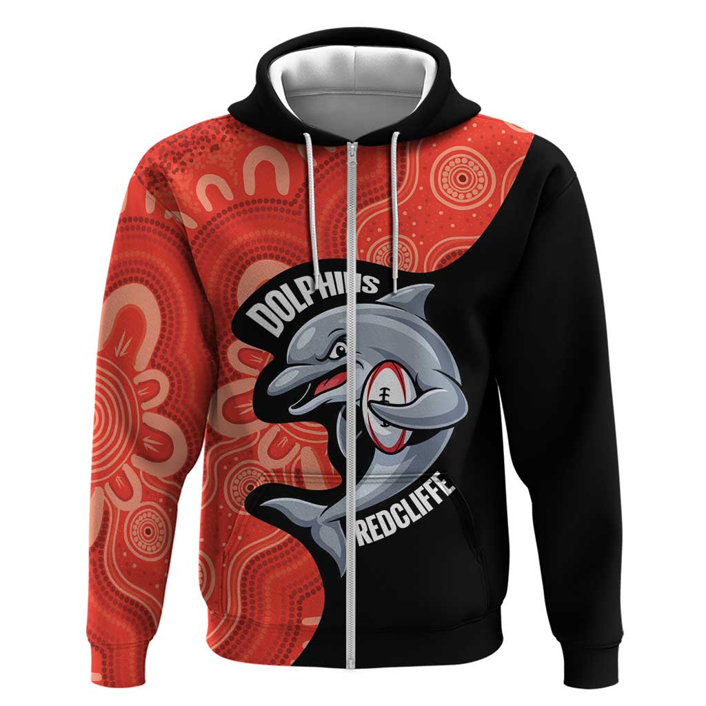 Redcliffe Rugby Custom Zip Hoodie Go Dolphins Aboriginal Art - Aussie Hoodie