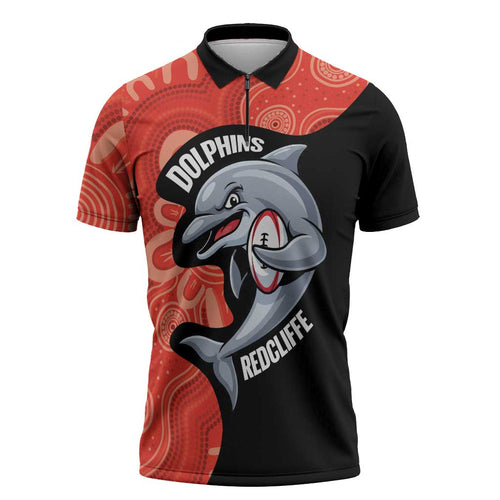 Redcliffe Rugby Custom Zipper Polo Shirt Go Dolphins Aboriginal Art - Aussie Hoodie