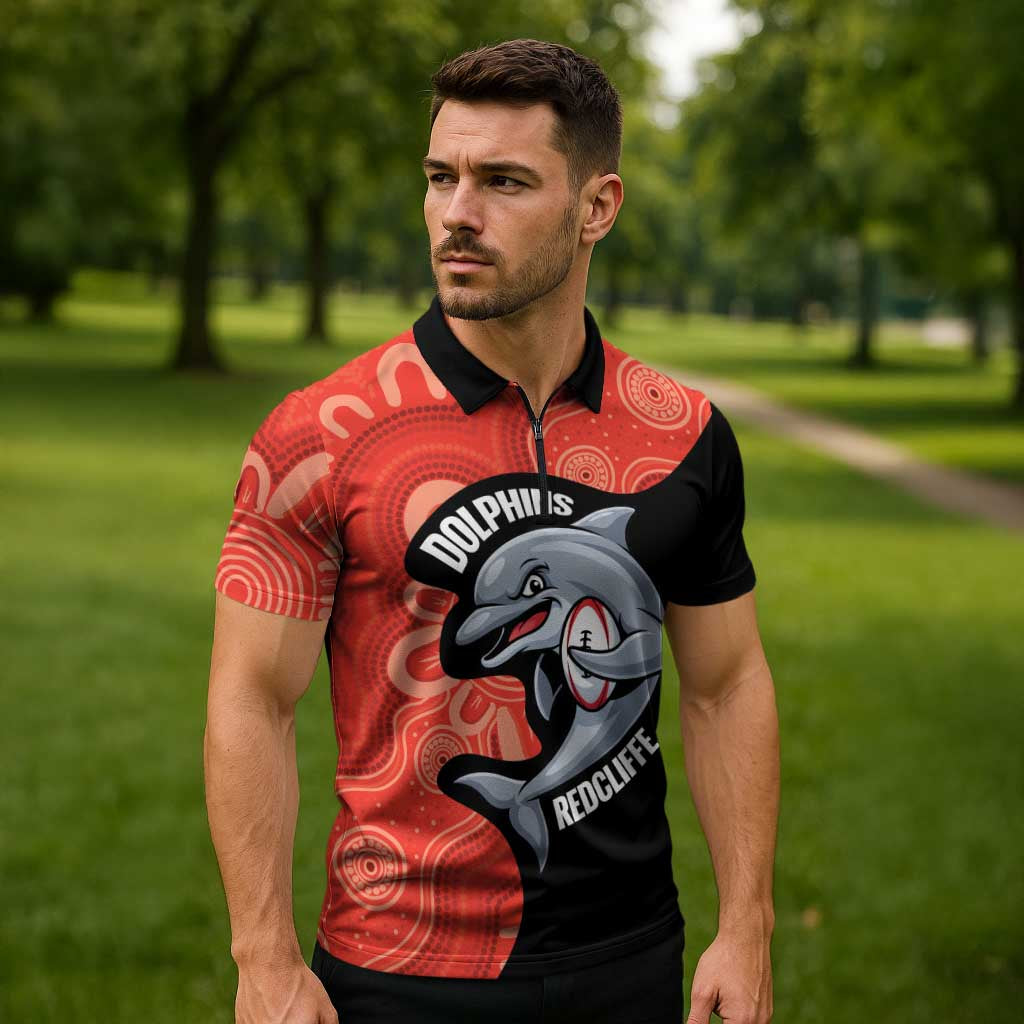 Redcliffe Rugby Custom Zipper Polo Shirt Go Dolphins Aboriginal Art - Aussie Hoodie