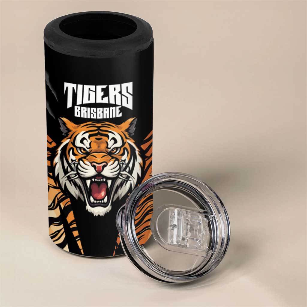 Brisbane Rugby Custom 4 in 1 Can Cooler Tumbler Go Tigers Skin Pattern - Aussie Hoodie