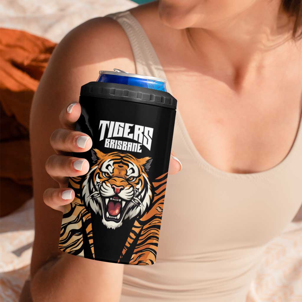 Brisbane Rugby Custom 4 in 1 Can Cooler Tumbler Go Tigers Skin Pattern - Aussie Hoodie