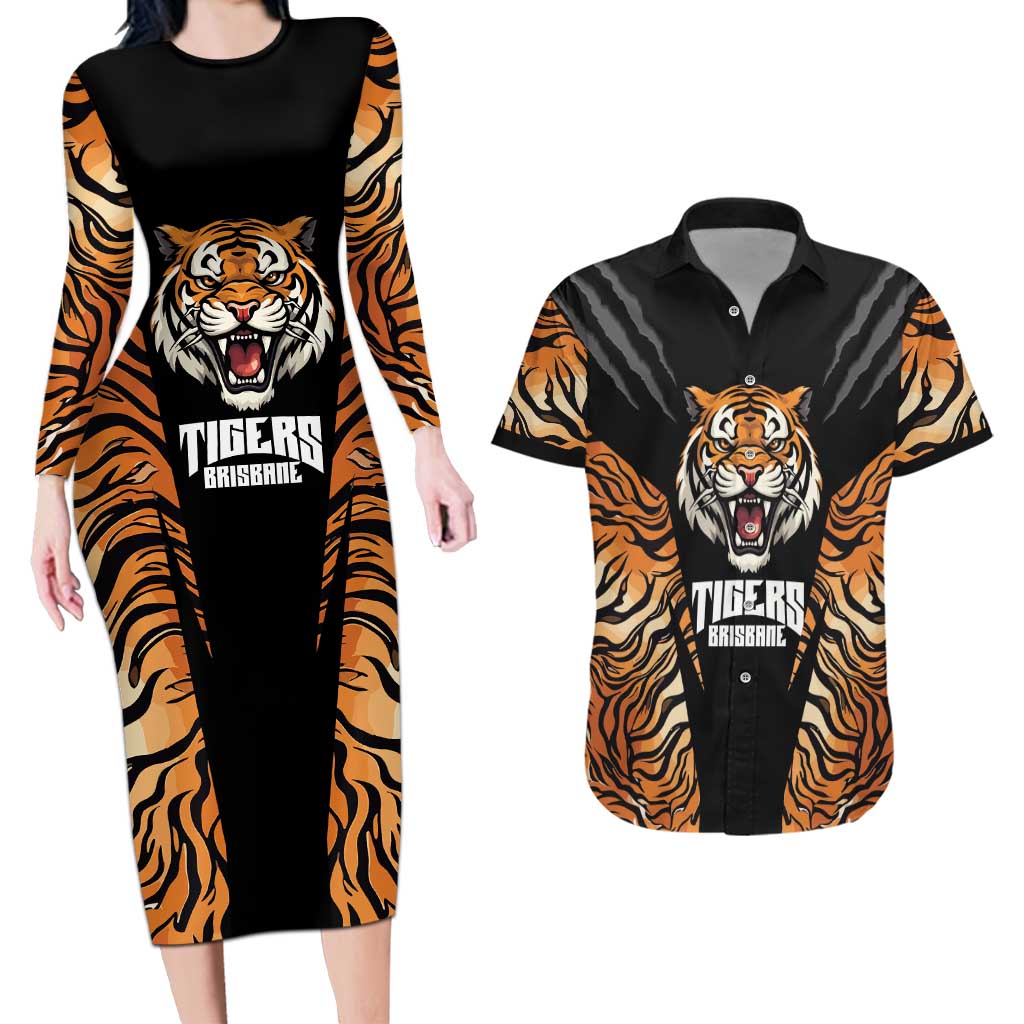 Brisbane Rugby Custom Couples Matching Long Sleeve Bodycon Dress and Hawaiian Shirt Go Tigers Skin Pattern - Aussie Hoodie