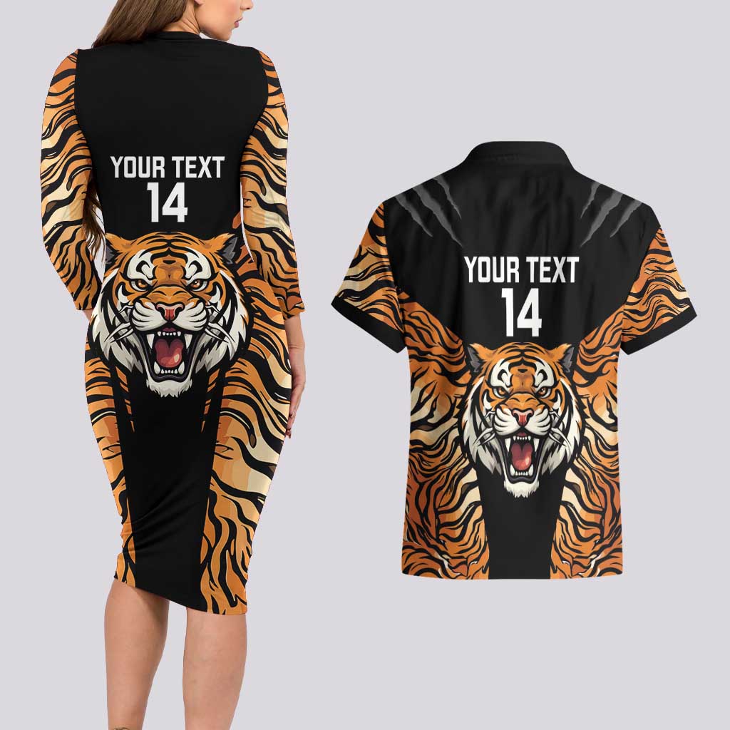 Brisbane Rugby Custom Couples Matching Long Sleeve Bodycon Dress and Hawaiian Shirt Go Tigers Skin Pattern - Aussie Hoodie