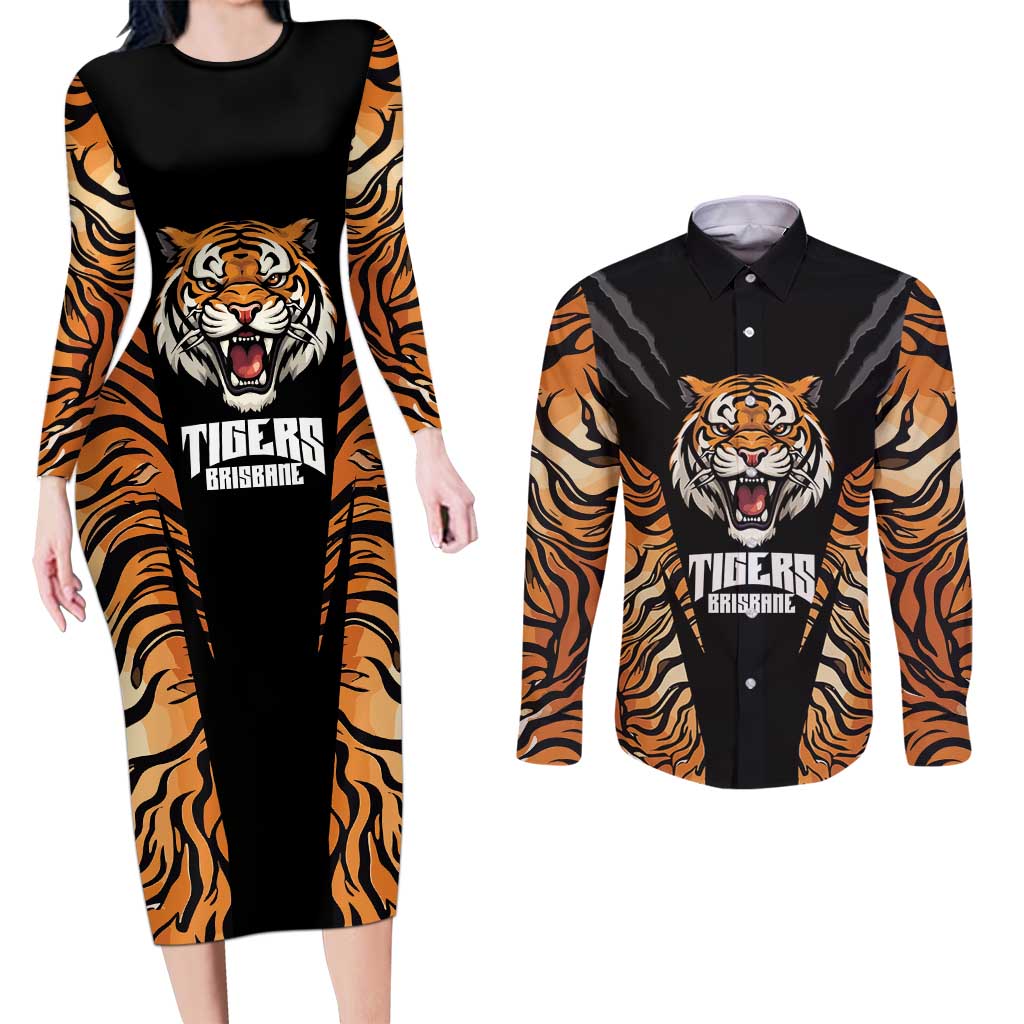 Brisbane Rugby Custom Couples Matching Long Sleeve Bodycon Dress and Long Sleeve Button Shirt Go Tigers Skin Pattern - Aussie Hoodie