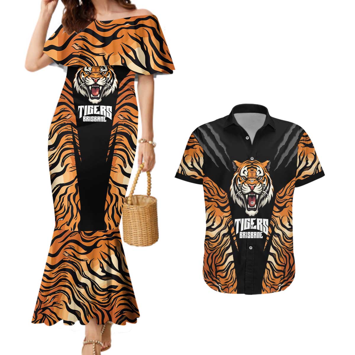 Brisbane Rugby Custom Couples Matching Mermaid Dress and Hawaiian Shirt Go Tigers Skin Pattern - Aussie Hoodie
