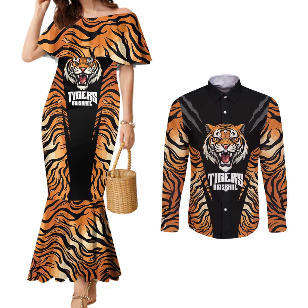Brisbane Rugby Custom Couples Matching Mermaid Dress and Long Sleeve Button Shirt Go Tigers Skin Pattern - Aussie Hoodie