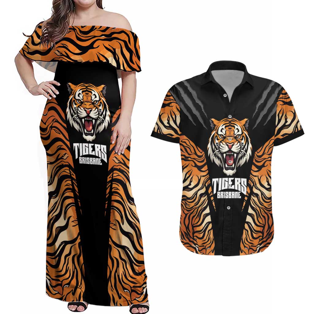 Brisbane Rugby Custom Couples Matching Off Shoulder Maxi Dress and Hawaiian Shirt Go Tigers Skin Pattern - Aussie Hoodie