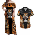 Brisbane Rugby Custom Couples Matching Off Shoulder Maxi Dress and Hawaiian Shirt Go Tigers Skin Pattern - Aussie Hoodie
