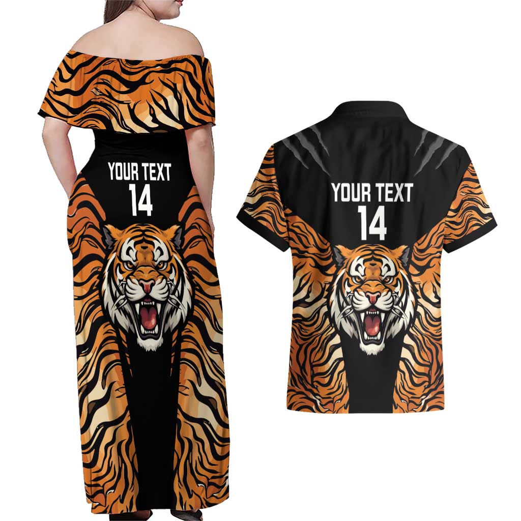 Brisbane Rugby Custom Couples Matching Off Shoulder Maxi Dress and Hawaiian Shirt Go Tigers Skin Pattern - Aussie Hoodie