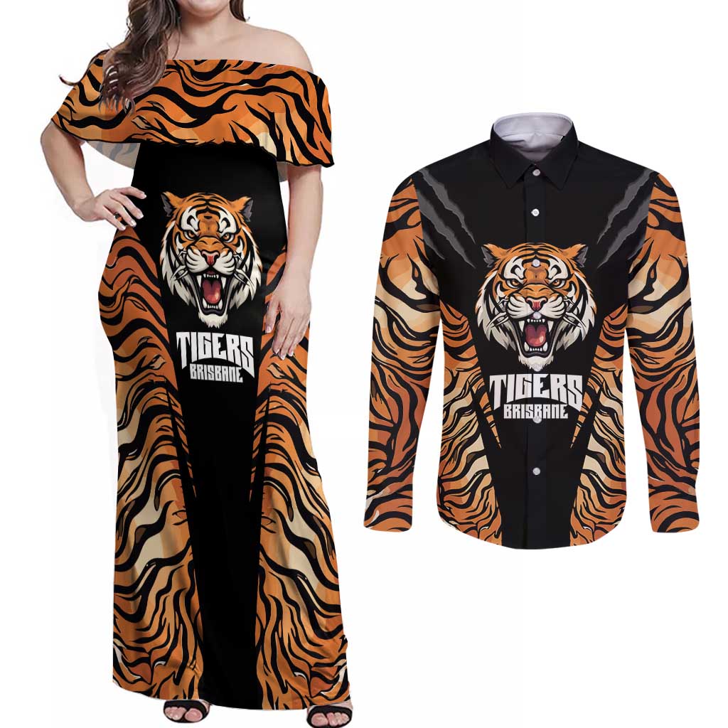 Brisbane Rugby Custom Couples Matching Off Shoulder Maxi Dress and Long Sleeve Button Shirt Go Tigers Skin Pattern - Aussie Hoodie