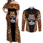 Brisbane Rugby Custom Couples Matching Off Shoulder Maxi Dress and Long Sleeve Button Shirt Go Tigers Skin Pattern - Aussie Hoodie