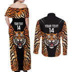 Brisbane Rugby Custom Couples Matching Off Shoulder Maxi Dress and Long Sleeve Button Shirt Go Tigers Skin Pattern - Aussie Hoodie