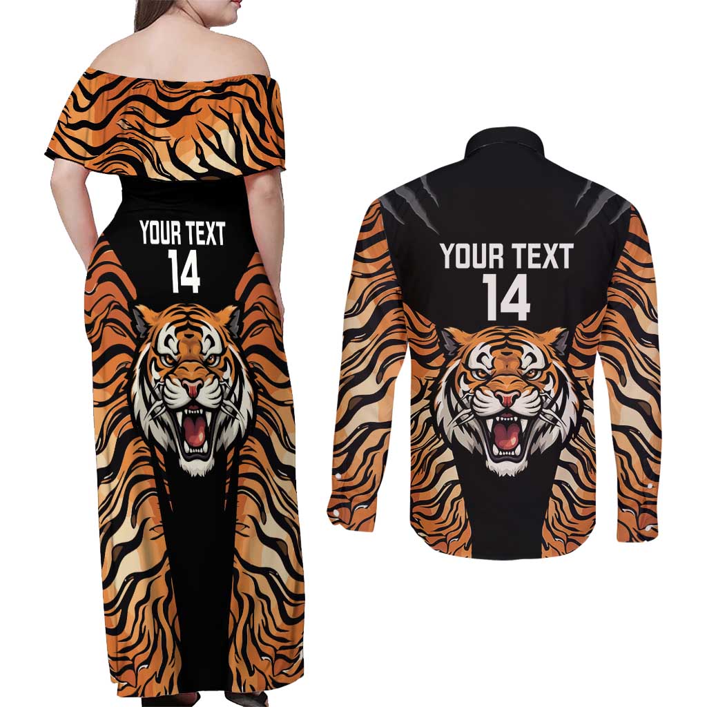 Brisbane Rugby Custom Couples Matching Off Shoulder Maxi Dress and Long Sleeve Button Shirt Go Tigers Skin Pattern - Aussie Hoodie