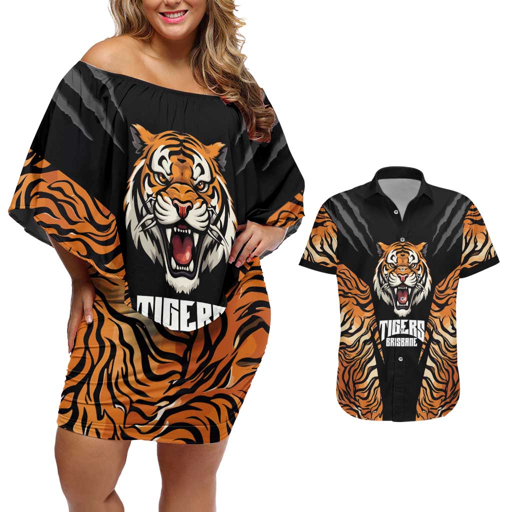Brisbane Rugby Custom Couples Matching Off Shoulder Short Dress and Hawaiian Shirt Go Tigers Skin Pattern - Aussie Hoodie