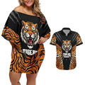 Brisbane Rugby Custom Couples Matching Off Shoulder Short Dress and Hawaiian Shirt Go Tigers Skin Pattern - Aussie Hoodie