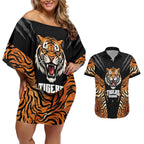 Brisbane Rugby Custom Couples Matching Off Shoulder Short Dress and Hawaiian Shirt Go Tigers Skin Pattern - Aussie Hoodie