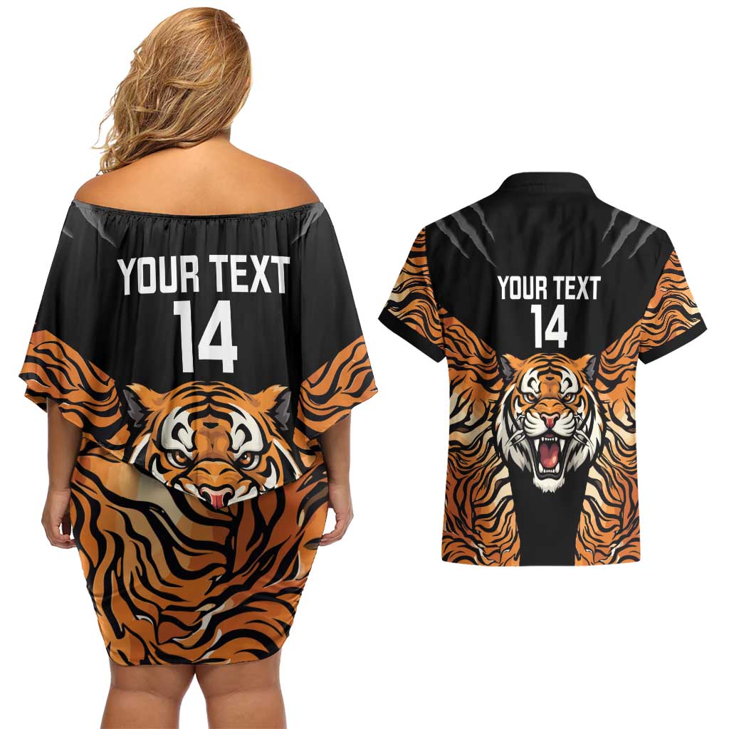 Brisbane Rugby Custom Couples Matching Off Shoulder Short Dress and Hawaiian Shirt Go Tigers Skin Pattern - Aussie Hoodie