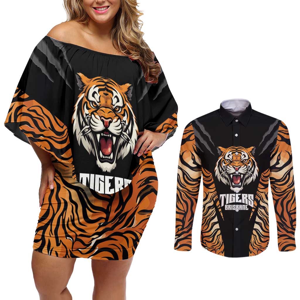 Brisbane Rugby Custom Couples Matching Off Shoulder Short Dress and Long Sleeve Button Shirt Go Tigers Skin Pattern - Aussie Hoodie