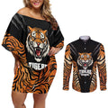 Brisbane Rugby Custom Couples Matching Off Shoulder Short Dress and Long Sleeve Button Shirt Go Tigers Skin Pattern - Aussie Hoodie