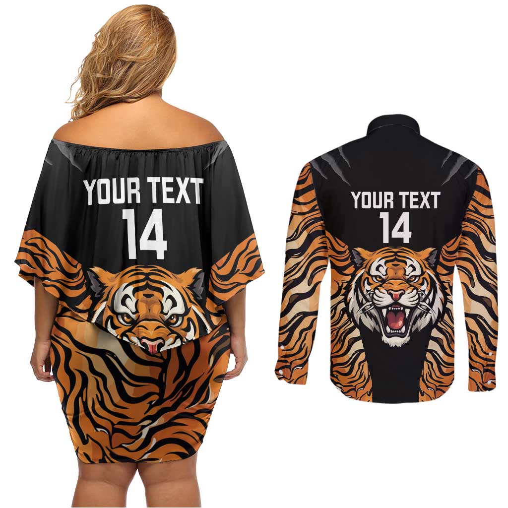 Brisbane Rugby Custom Couples Matching Off Shoulder Short Dress and Long Sleeve Button Shirt Go Tigers Skin Pattern - Aussie Hoodie