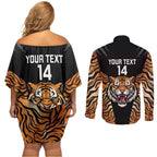 Brisbane Rugby Custom Couples Matching Off Shoulder Short Dress and Long Sleeve Button Shirt Go Tigers Skin Pattern - Aussie Hoodie