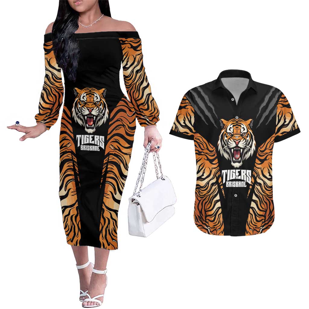 Brisbane Rugby Custom Couples Matching Off The Shoulder Long Sleeve Dress and Hawaiian Shirt Go Tigers Skin Pattern - Aussie Hoodie