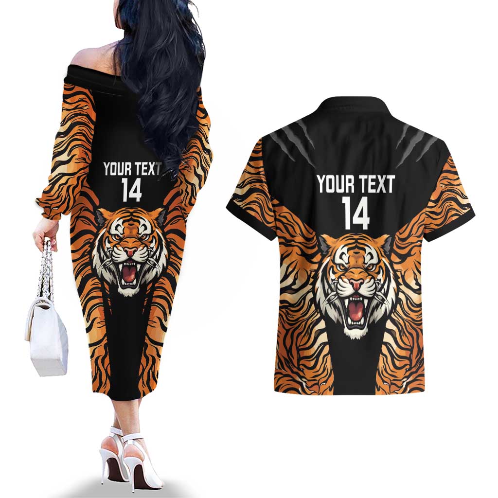 Brisbane Rugby Custom Couples Matching Off The Shoulder Long Sleeve Dress and Hawaiian Shirt Go Tigers Skin Pattern - Aussie Hoodie