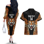 Brisbane Rugby Custom Couples Matching Off The Shoulder Long Sleeve Dress and Hawaiian Shirt Go Tigers Skin Pattern - Aussie Hoodie