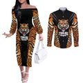 Brisbane Rugby Custom Couples Matching Off The Shoulder Long Sleeve Dress and Long Sleeve Button Shirt Go Tigers Skin Pattern - Aussie Hoodie