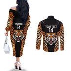 Brisbane Rugby Custom Couples Matching Off The Shoulder Long Sleeve Dress and Long Sleeve Button Shirt Go Tigers Skin Pattern - Aussie Hoodie