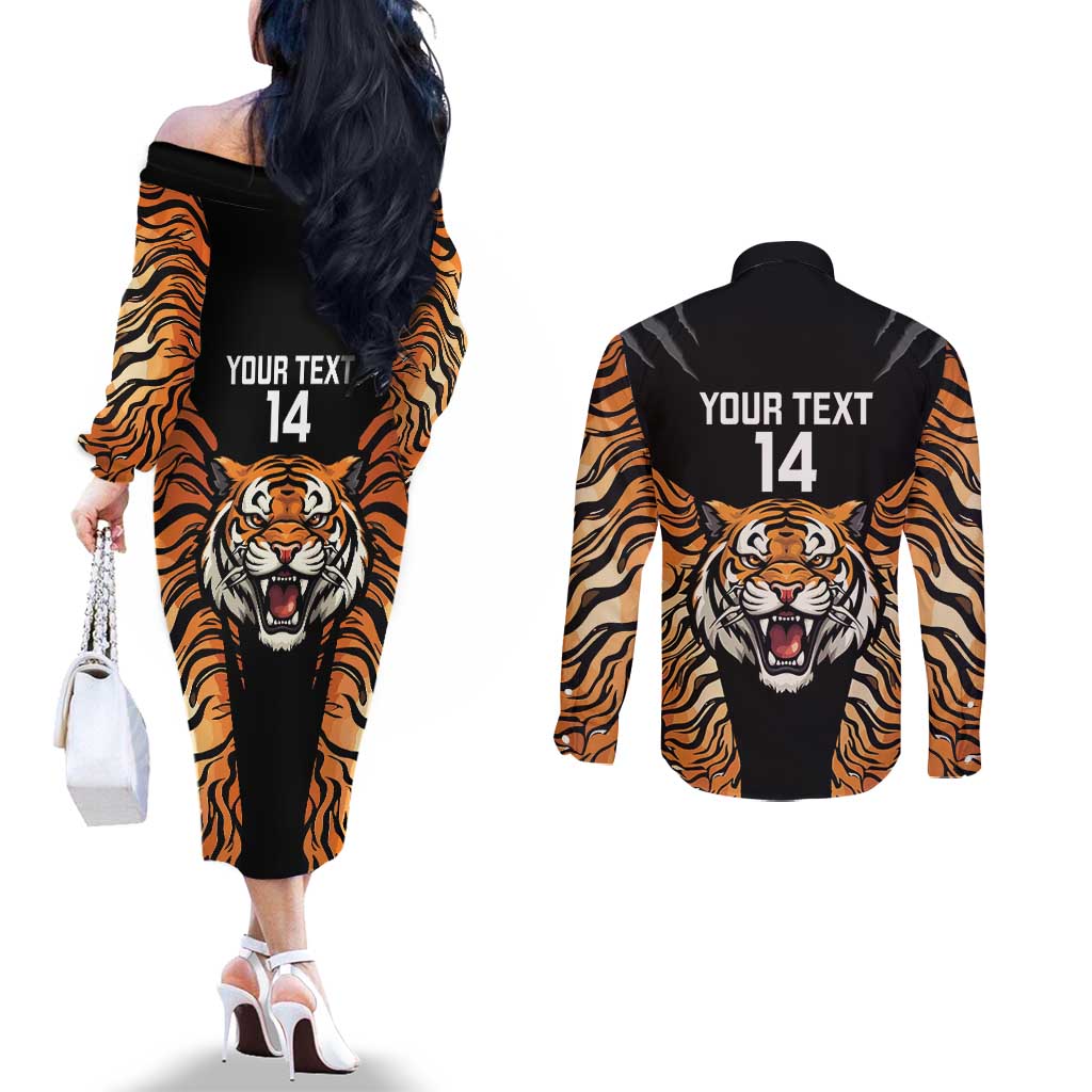 Brisbane Rugby Custom Couples Matching Off The Shoulder Long Sleeve Dress and Long Sleeve Button Shirt Go Tigers Skin Pattern - Aussie Hoodie