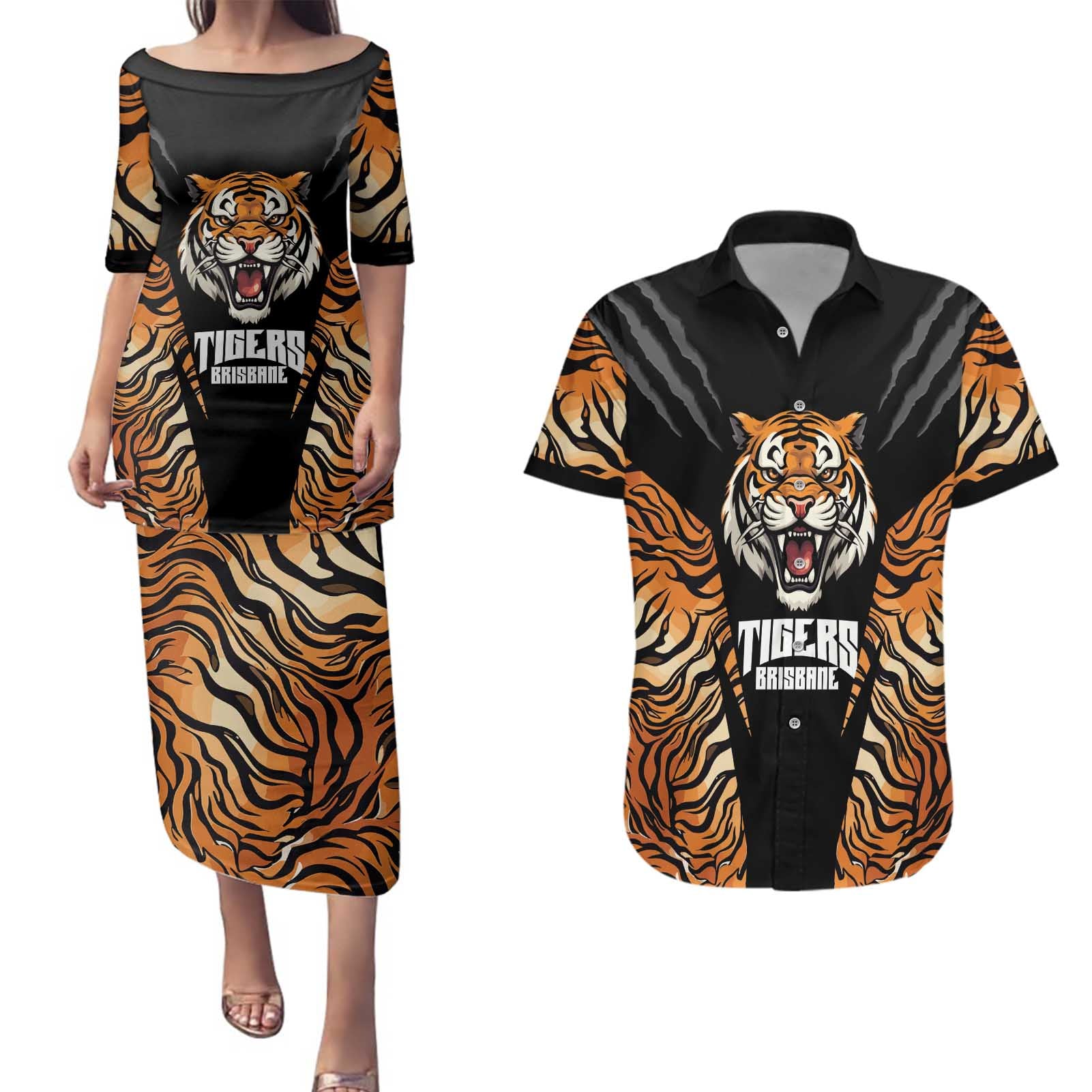 Brisbane Rugby Custom Couples Matching Puletasi and Hawaiian Shirt Go Tigers Skin Pattern - Aussie Hoodie