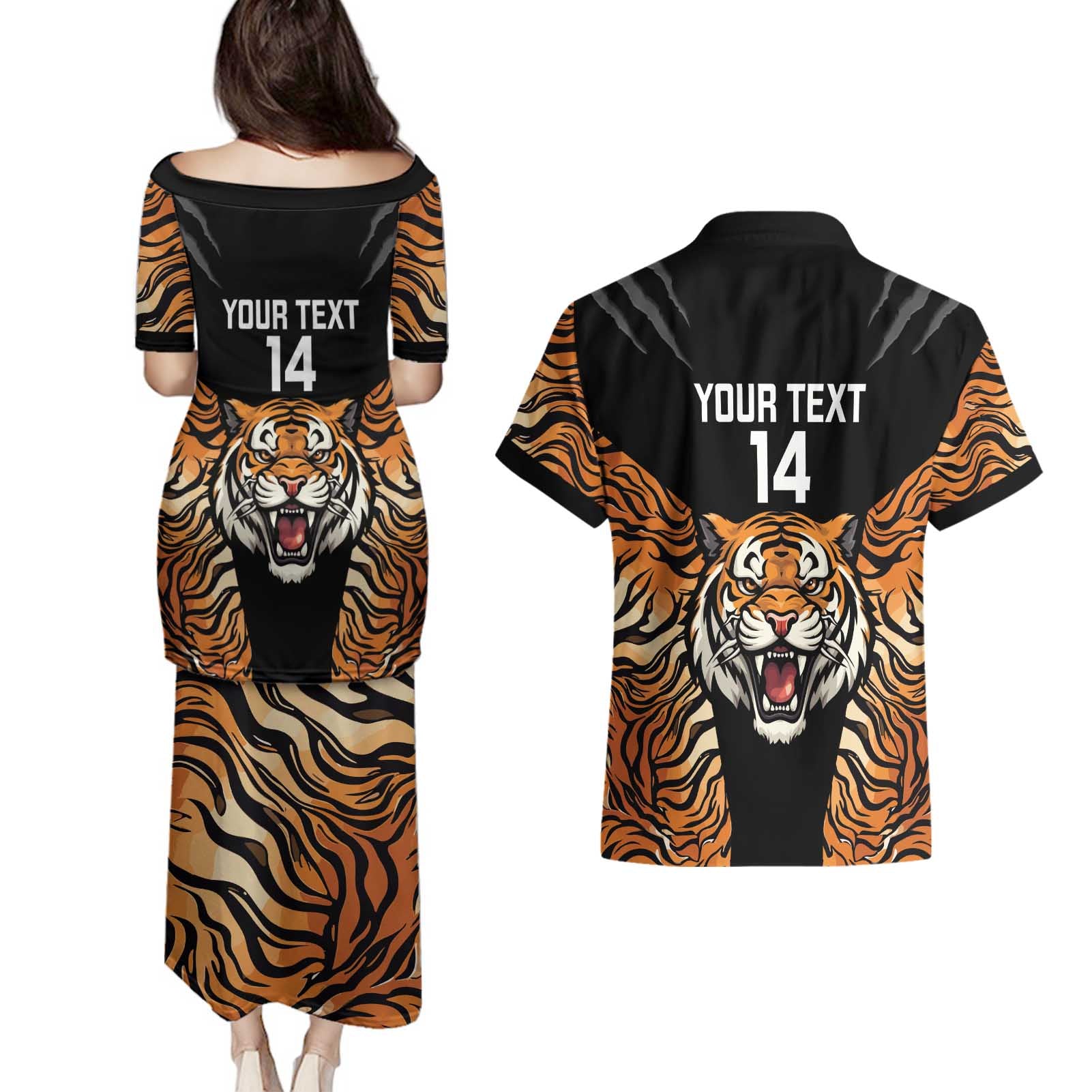 Brisbane Rugby Custom Couples Matching Puletasi and Hawaiian Shirt Go Tigers Skin Pattern - Aussie Hoodie