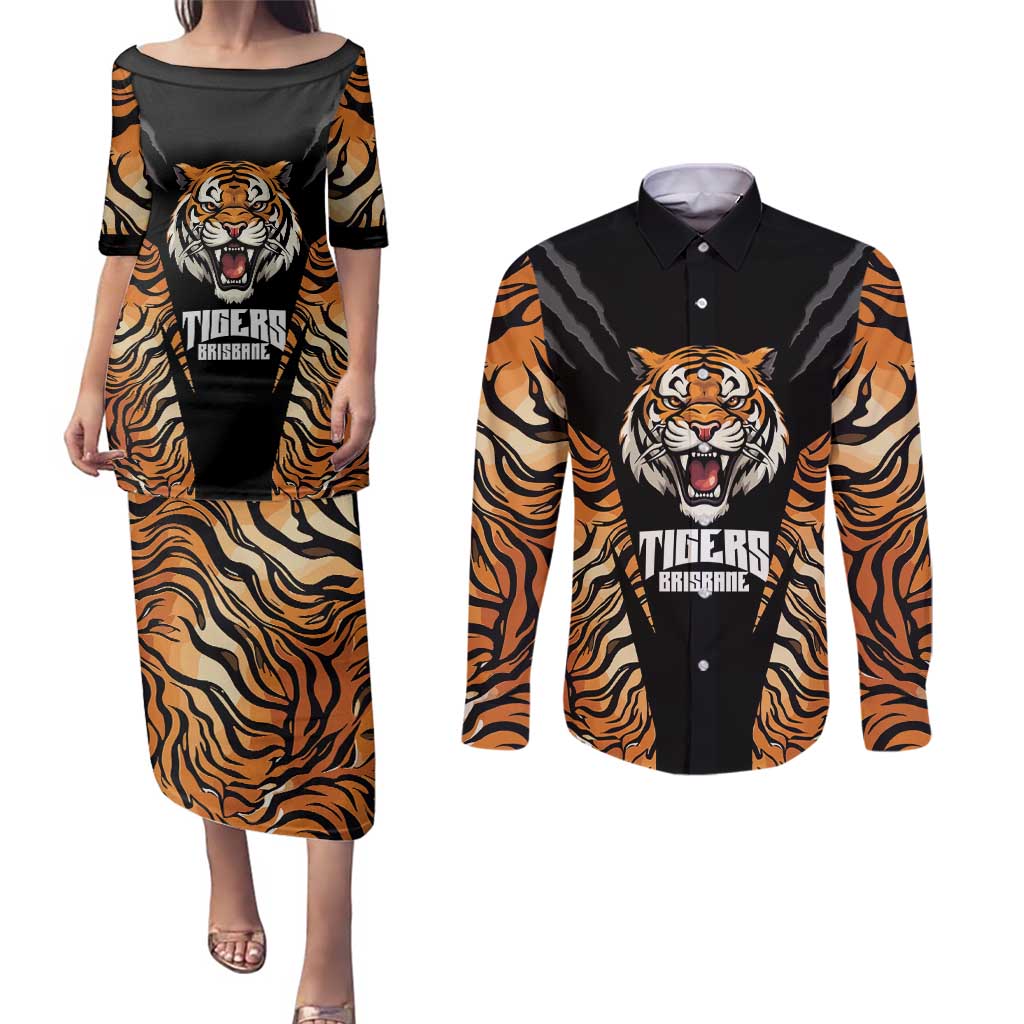 Brisbane Rugby Custom Couples Matching Puletasi and Long Sleeve Button Shirt Go Tigers Skin Pattern - Aussie Hoodie