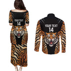 Brisbane Rugby Custom Couples Matching Puletasi and Long Sleeve Button Shirt Go Tigers Skin Pattern - Aussie Hoodie