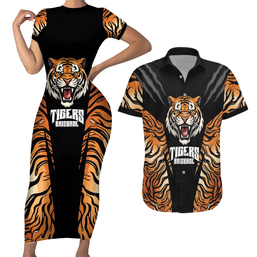Brisbane Rugby Custom Couples Matching Short Sleeve Bodycon Dress and Hawaiian Shirt Go Tigers Skin Pattern - Aussie Hoodie