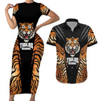 Brisbane Rugby Custom Couples Matching Short Sleeve Bodycon Dress and Hawaiian Shirt Go Tigers Skin Pattern - Aussie Hoodie