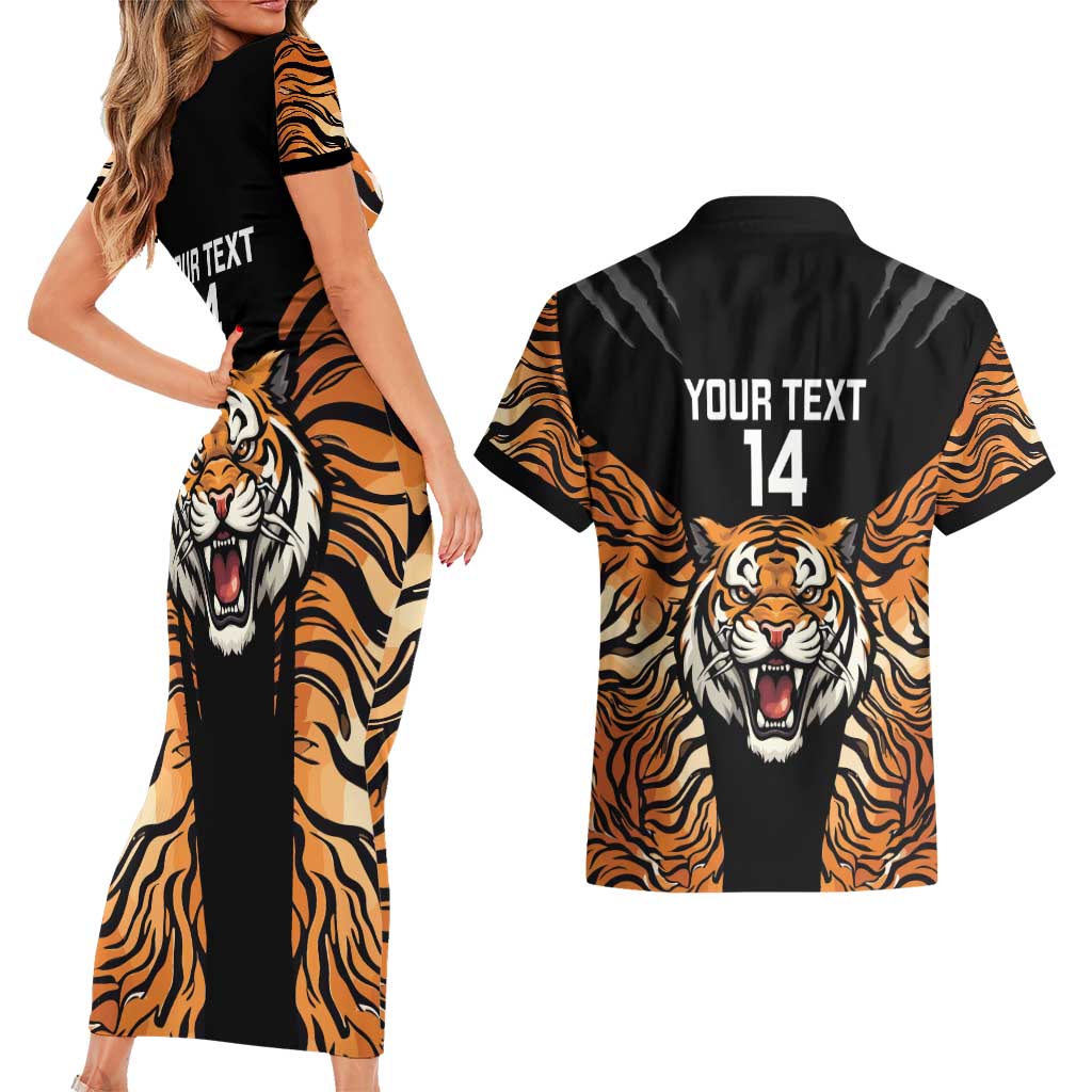 Brisbane Rugby Custom Couples Matching Short Sleeve Bodycon Dress and Hawaiian Shirt Go Tigers Skin Pattern - Aussie Hoodie