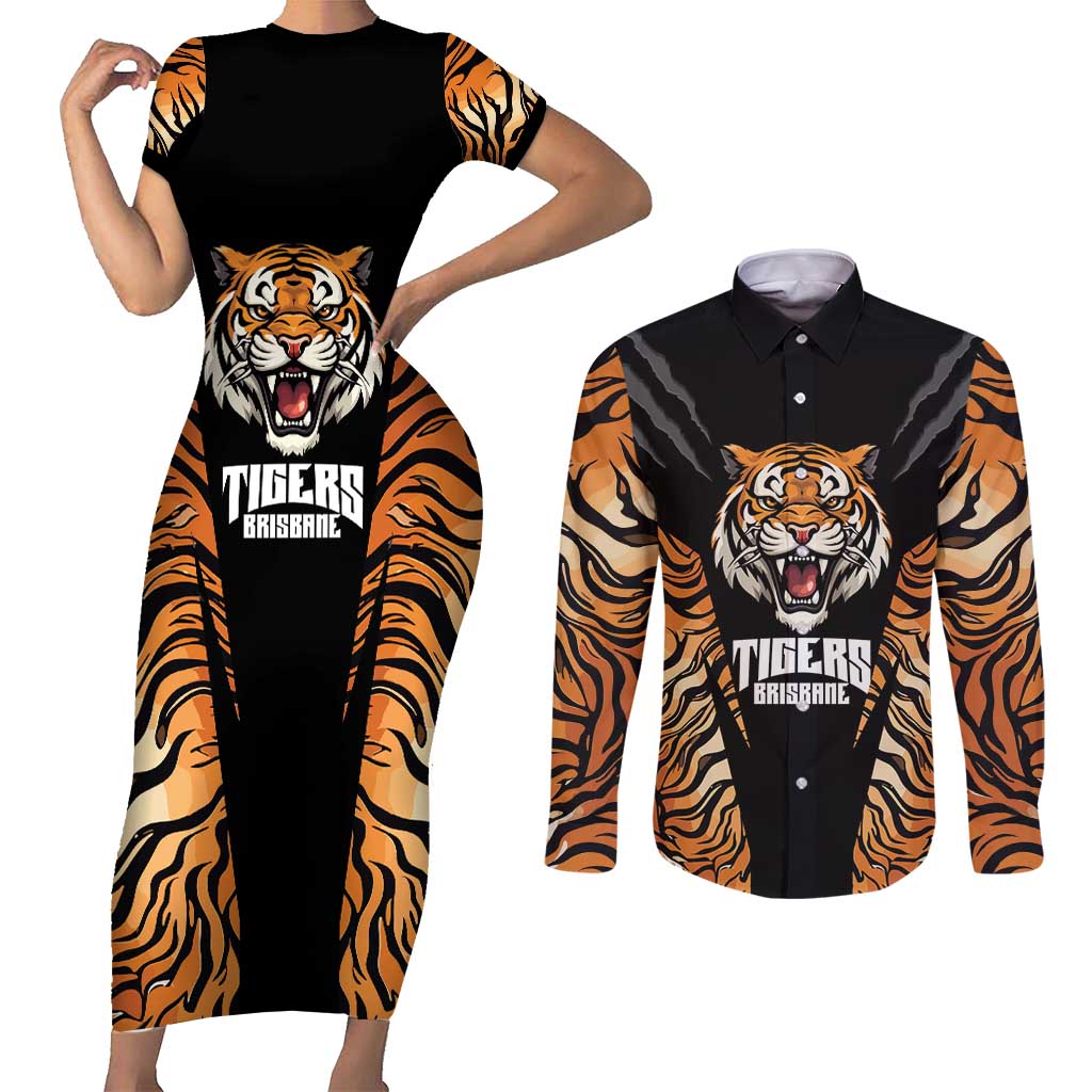 Brisbane Rugby Custom Couples Matching Short Sleeve Bodycon Dress and Long Sleeve Button Shirt Go Tigers Skin Pattern - Aussie Hoodie