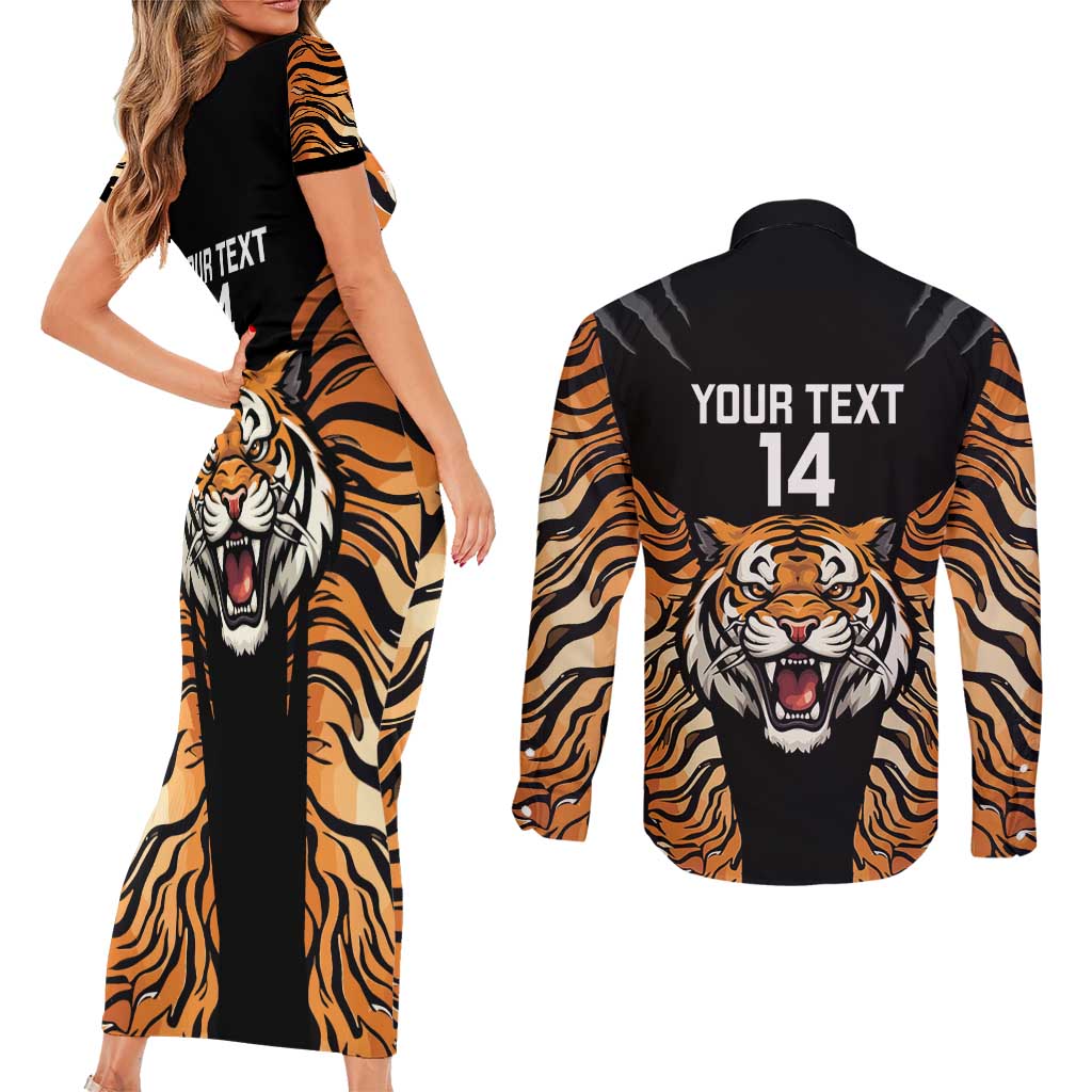 Brisbane Rugby Custom Couples Matching Short Sleeve Bodycon Dress and Long Sleeve Button Shirt Go Tigers Skin Pattern - Aussie Hoodie
