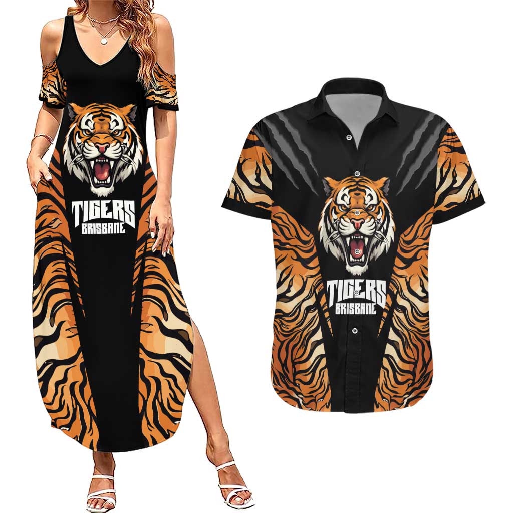 Brisbane Rugby Custom Couples Matching Summer Maxi Dress and Hawaiian Shirt Go Tigers Skin Pattern - Aussie Hoodie