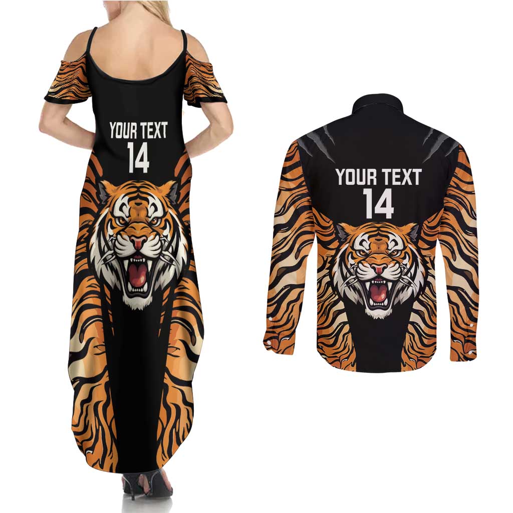 Brisbane Rugby Custom Couples Matching Summer Maxi Dress and Long Sleeve Button Shirt Go Tigers Skin Pattern - Aussie Hoodie