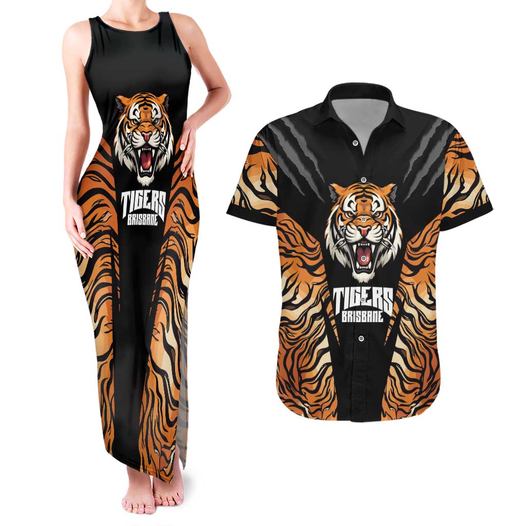Brisbane Rugby Custom Couples Matching Tank Maxi Dress and Hawaiian Shirt Go Tigers Skin Pattern - Aussie Hoodie