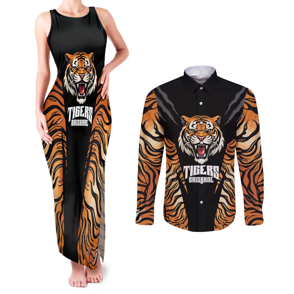 Brisbane Rugby Custom Couples Matching Tank Maxi Dress and Long Sleeve Button Shirt Go Tigers Skin Pattern - Aussie Hoodie