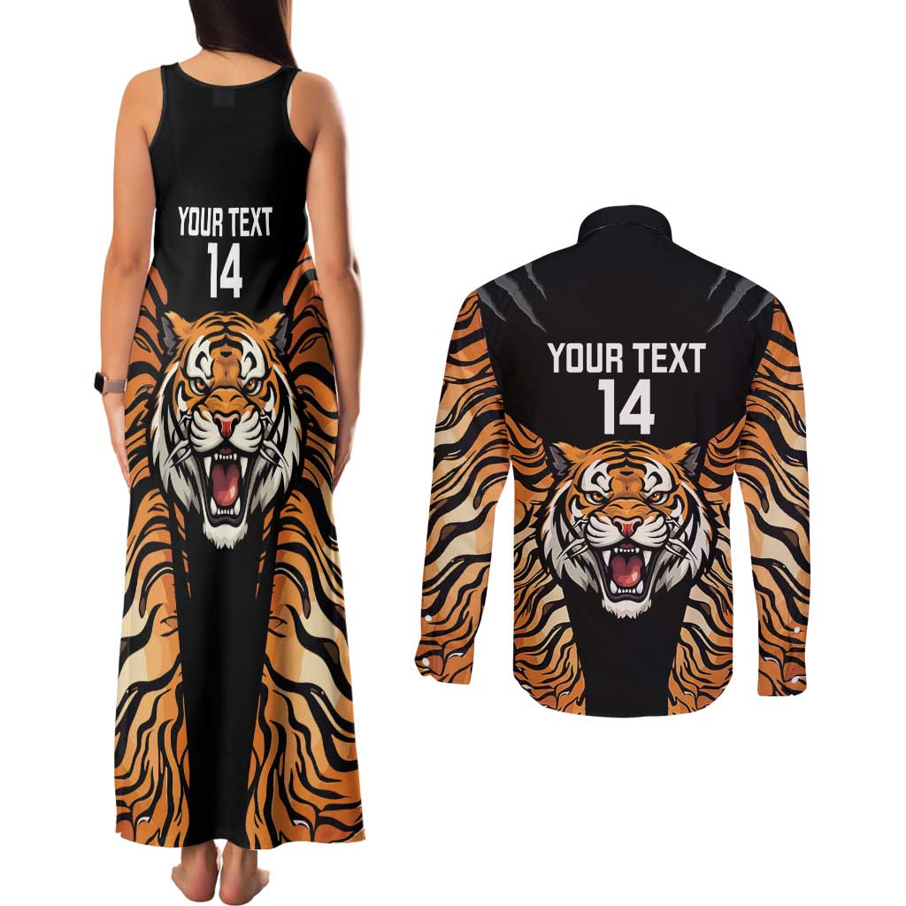 Brisbane Rugby Custom Couples Matching Tank Maxi Dress and Long Sleeve Button Shirt Go Tigers Skin Pattern - Aussie Hoodie